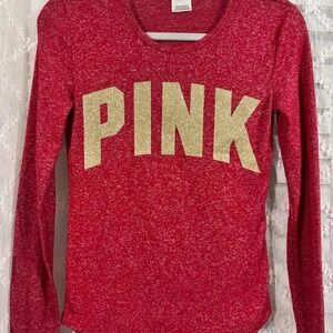 Victorias Secret PINK Red Heathered Gold Glitter Logo Sleepwear Top Womens XS